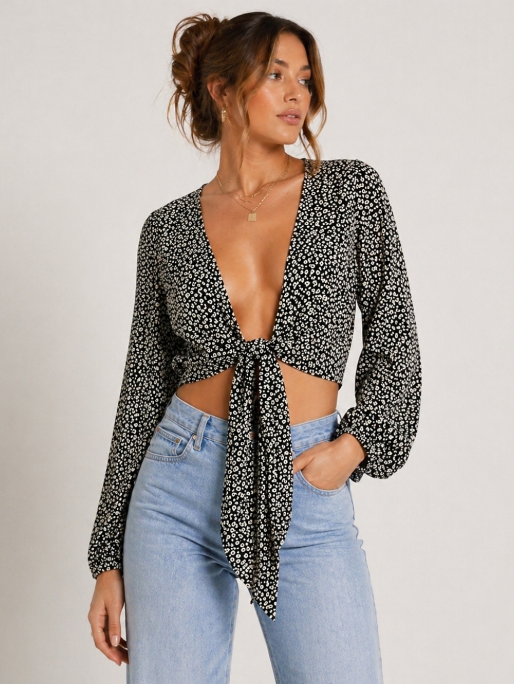 Princess Polly Tie Front Crop Top Black White Leopard Print 4